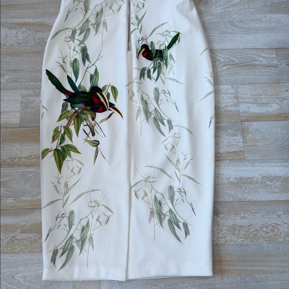 Ted Baker London White Midi Dress with Green & Red Belt and Botanical Bird Print - Picture 6 of 7